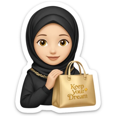 iOS 18 emoji style hijabi girl, gorgeous eye-catching hijab, smiling, holding tote bag with 'keep chasing your dream' in soft gold text sticker