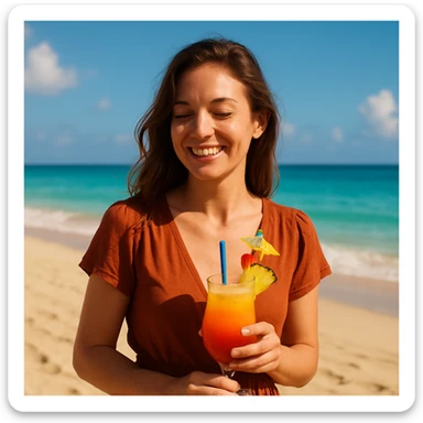 take this picture of a woman and make it  beach photo with drink sticker
