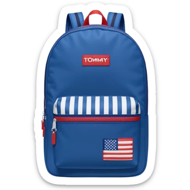 simple blue backpack, at the bottom pocket there is a  tommyjeans logo featuring a Tommy Jeans-inspired logo. The logo looks like a vertically-striped American flag in red, white, and navy. The flag stripes are vertical, not horizontal. Flat

 sticker