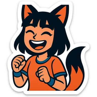 A girl with black fox ears and a tail, green eyes, dark hair, laughing sticker
