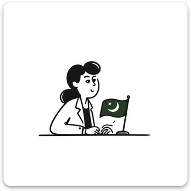 Pakistani diplomat at international conference with Pakistan flag on table sticker