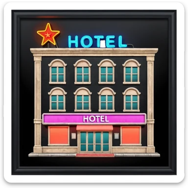 Hotel barato con letrero de neón en la fachada. sticker