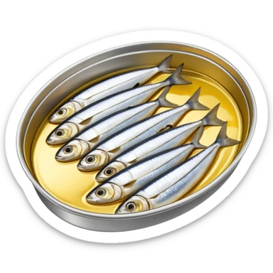 open oval tin showing tightly packed whole sardines in shiny silver skin, slightly overlapping and nestled in golden oil or tomato sauce, clean outlines, glossy preserved texture, no fork, garnish, or label, just the open tin and contents, soft lighting, subtle shadows, emoji scale sticker