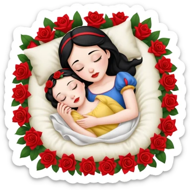 snow white sleeping in a bed full of flowers top view sticker