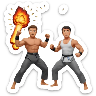 Arnold Schwarzenegger and Sylvester Stallone, surrounded by explosions, weapons, and martial arts moves. The design should capture the high-energy, dynamic nature of their films. Transparent background. sticker