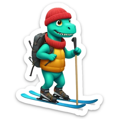party dino skiing while holding poles sticker