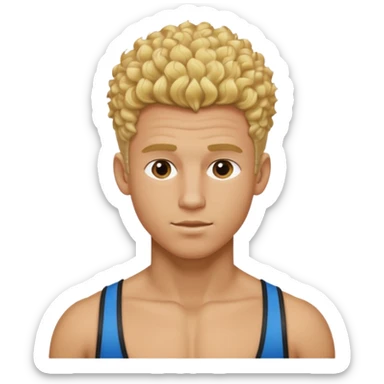 Athletic man with blond curly hair only on the top, straight on sides, thick neck, high top fade with no part, no shirt and SHOW ABS sticker