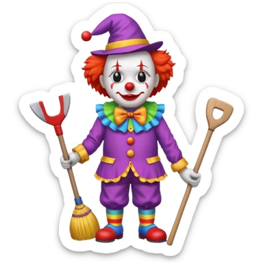 a sad clown with a broom and an axe sticker