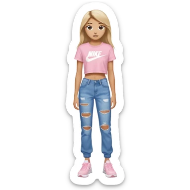 preppy teenage girl, tan, less blonde highlights, brown long hair, long eyelashes, beach aesthetic, wearing cute clothes, wearing ripped blue long baggy jeans with a light pink sexy crop top, wearing Nike shoes, very sexy, very long eyelashes, very pretty sticker