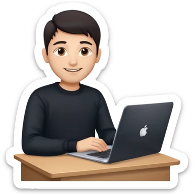 memoji of a man with a laptop, apple-style, modern, dark hair, black sweater, Indian fair skin, small cute smile, holding a computer, sitting at a desk, light blue gradient background sticker
