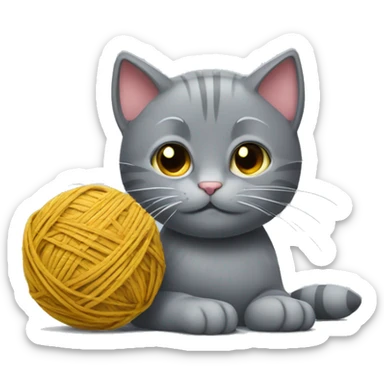 A gray cat plays with a ball of thread sticker