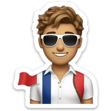 A young fit man with a white shirt and sunglasses on his hair with brown hair and a French flag in his hand sticker