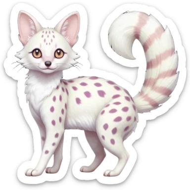 White Albino frosty snow-white whitish pastel-grey-spotted Serval-Civet-Genet-Trico-Furret-Linoone-Noibat-Espeon-Fakémon-Pokémon-animal-hybrid-fusion-creature (full body) with vibrant glowing eyes, cute, elegant, soft, realistic, pastel fur sticker
