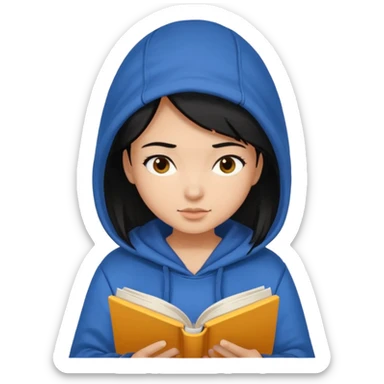 I want a girl emoji black hair and medium skin tone reading book wearing hoddie sticker