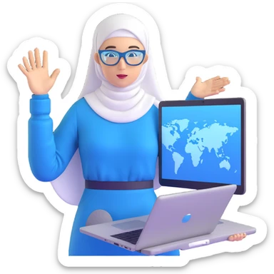 computer engineer with white hijab wearing blue outfit, presenting her metaverse creation with a large digital screen behind her displaying virtual worlds and code, laptop open in front of her showing programming interface, AR glasses, professional stance sticker