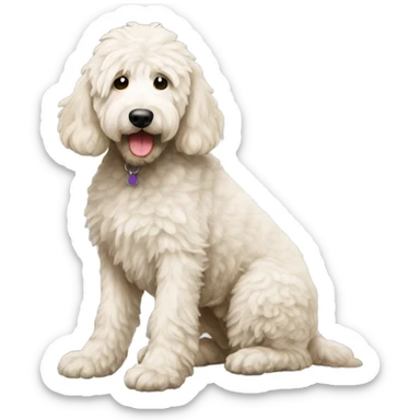 White goldendoodle squatting to poop sticker