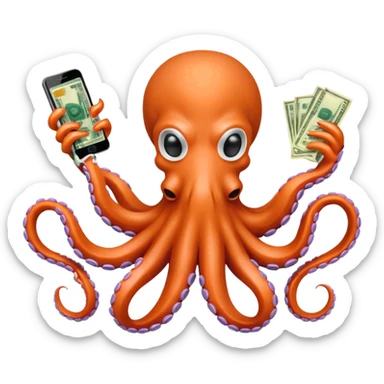 Intimidating octopus with pearl black skin, neon peach suction cups. Evil looking octopus is wearing a white face mask and thick gold necklace. 2 tentacles are holding their own cellphone, 2 more tentacles are holding stacks of money. sticker
