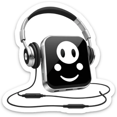 Futuristic iPod emoji with earphones, metallic black and white, smooth reflective surfaces, flat minimal vector design, clean UI style sticker