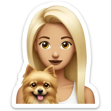 Chica rubia pelo largo y ojos negros con un pomeranian blanco  sticker