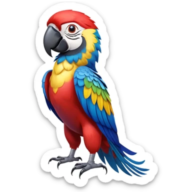 cinematic-macaw-realistic-full-body-standing-emoji,-vibrant-feathers-glowing-with-rich-reds,-blues,-and-yellows,-head-tilted-dramatically,-curved white-beak-gleaming,-piercing-dark-eyes-exuding-confidence,-simplified-yet-realistic-focused sticker