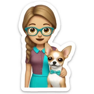 Lady with brown jair, eye glasses and brackets, light skin, with her chihuahua, blond male chichi agua sticker