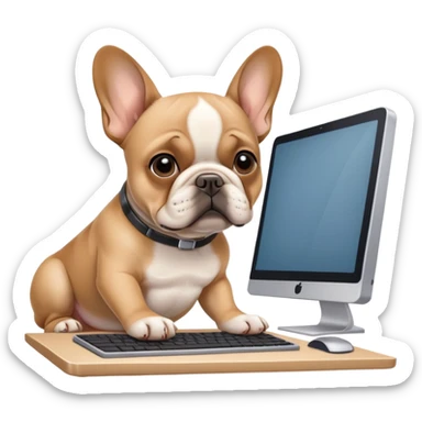 Fawn french bulldog working behind computer sticker