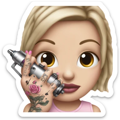 White girl hand with pink tattoos holding a tattoo machine sticker