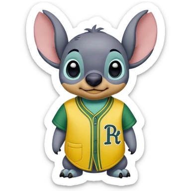 Stitch with a yellow and green baseball jersey with the name royal greys sticker