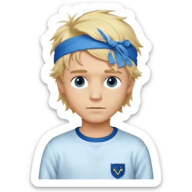 Create a look for a blond boy with long, tousled hair, light eyes, a white sweater, a wealthy appearance, blue eyes, and accessories like a Rolex or Cartier watch, and a cute face with messy hair down. blue eyes + headband white + pajama sticker