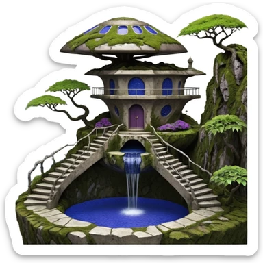 Alien saucer house jungle-vines precarious narrow stairway fountain mountain-island landscape antique mudman very old broken cracked intricate Stone Age lapis-crusted irregular dodecagon-shaped shallow dark moss rough bark violet serissa flowered maple tree bonsai pot sticker