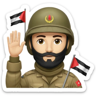 surrenders, depicts an Iraqi soldier from 1980, with a beard, in a helmet, a helmet with sign flag Iraq, with a balaclava, with sad eyes and both hands raised up sticker