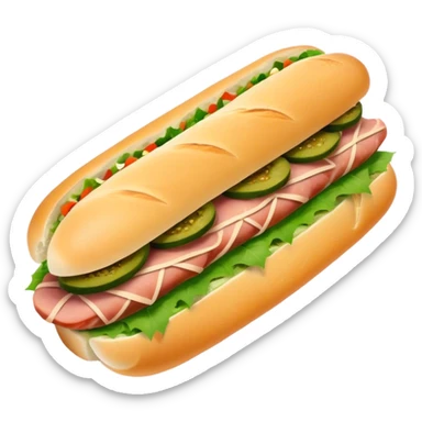 Cinematic Realistic B√°nh m√¨ Sandwich Dish Emoji, showcasing a crusty baguette filled with savory meats, pickles, and fresh herbs rendered with dynamic detail and appetizing lighting. sticker