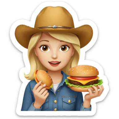 blonde female wearing cowboy eating hamburger sticker