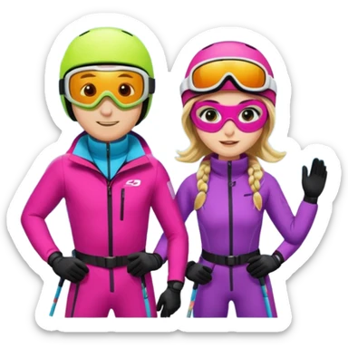 a recently marries couple skiing, action shot sticker