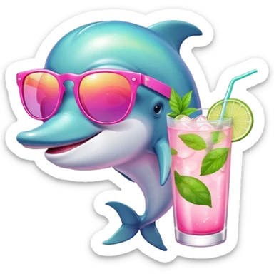 a dolphin with pink sunglasses and a mojito drink  sticker