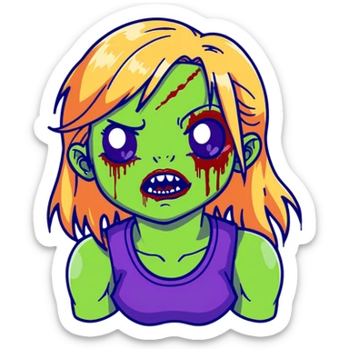 Zombie girl with green skin, purple bruises, gaping mouth, blonde long hair with bangs sticker