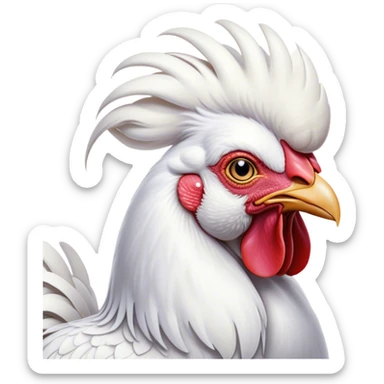 Cinematic Noble White Rooster Portrait Emoji, Poised and regal, with a robust, commanding build and a pristine, well-groomed pure white plumage, deep-set soulful piercing eyes, Simplified yet sharp and sophisticated features, highly detailed, glowing with a soft, dignified glow, high shine, intelligent and proud, stylized with an air of barnyard majesty, focused and attentive, soft glowing outline, capturing the essence of a watchful and confident leader, so majestic it feels as though it could crow out of the screen with effortless authority! sticker