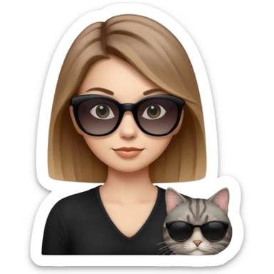 white woman with light brown ombre hair and grey tabby cat, both wearing black sunglasses, looking cool, soft realistic emoji style sticker