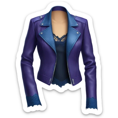 Realistic side view of a dark purple leather jacket with dark blue lace and blue silk camisole blouse underneath it. sticker