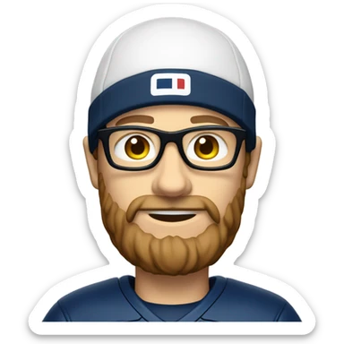 Caucasian man with brown hair and beard wearing glasses with American football jersey and cheese hat sticker