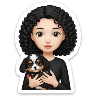 Moça branca com cabelo cacheado preto. Roupa preta e Com um cachorro no colo sticker