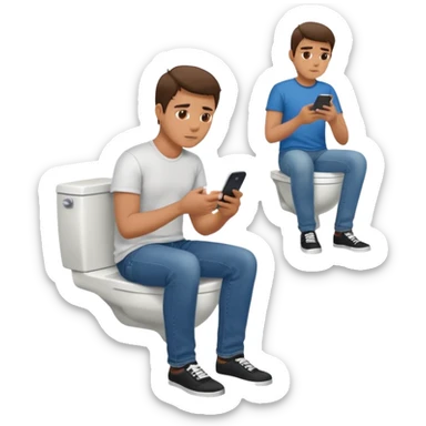 Man on toilet playing on phone while people wait to use bathroom sticker