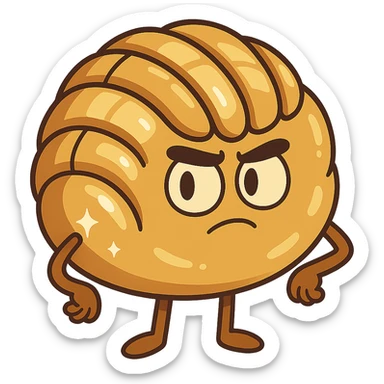 stylized cartoon gold concha Mexican sweet bread with shiny finish and shell pattern sticker