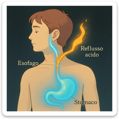 Medical illustration: profile of a man, highlighted esophagus, acid rising, Italian labels ('Esofago', 'Stomaco', 'Reflusso acido'). Dark background, clear style. sticker
