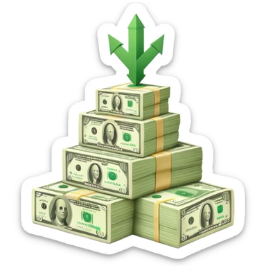 upward arrow next to a growing stack of cash money bills, financial growth sticker