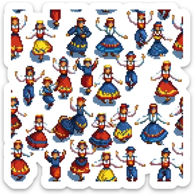 Ukrainian folk dance scene in pixel art, dynamic and lively sticker