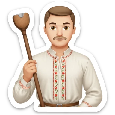 Ukrainian man wearing traditional white embroidered shirt (vyshyvanka) holding a hammer in one hand and a kitchen ladle in the other hand sticker