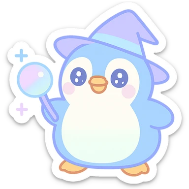 chubby penguin in wizard attire, casting spell, glowing orb sticker