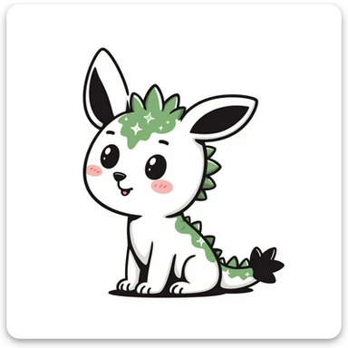 Kawaii bunny plant dragon with tiny spikes, extremely cute, giant sparkly eyes, blushing cheeks, pastel colors, small mouth, adorable expression, very scribbly messy hand drawn style, loose sketchy lines sticker