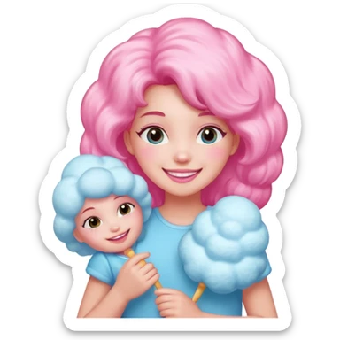 A girl hugging a big cotton candy puff with bright smile sticker
